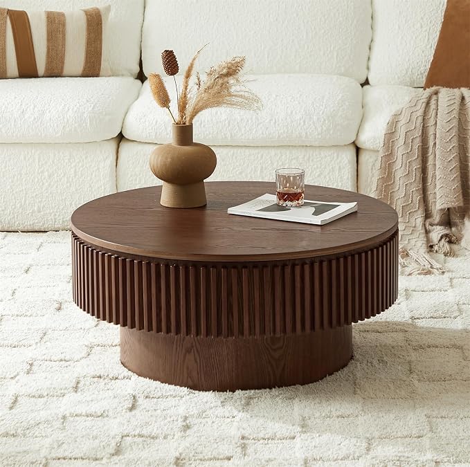 Round Coffee Table for Living Room, Fluted Drum Accent Tea Center Table by Unknown