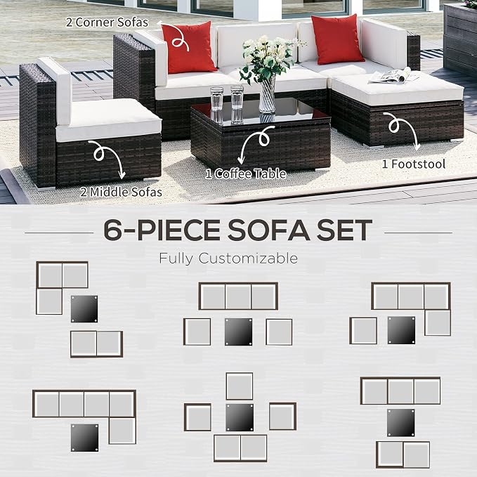 Outsunny 6 Piece Patio Furniture Set Outdoor Wicker Conversation Set All - Image 6