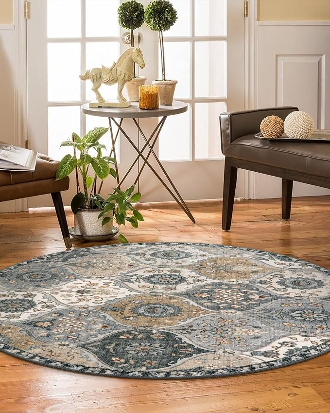 Lahome Moroccan Washable Round Area Rug, Soft Grey Vintage Round Rug 3ft | - Image 5