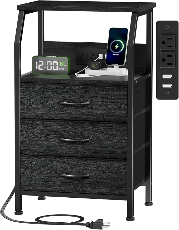 Furnulem Night Stand with Charging Station, 28.3 Inch Tall Side Table with by Furnulem