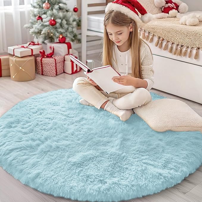 OLANLY Light Blue Round Rugs for Bedroom by OLANLY