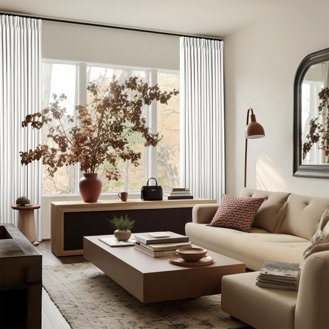 Linen Blackout Curtains 108 Inch Long 2 Panels Pinch Pleated Beige White | - Image 8