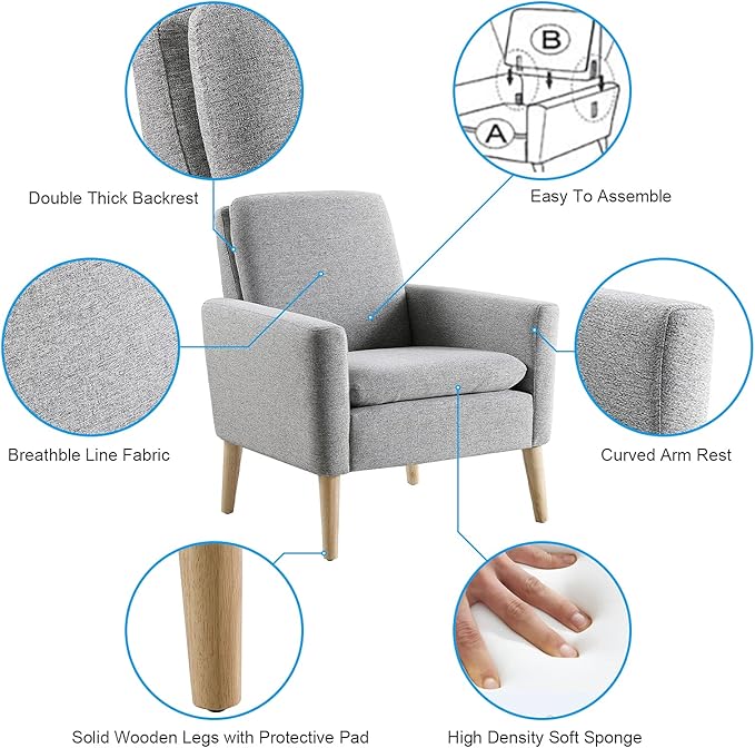 Accent Chair Set of 2 Living Room, Fabric Upholstered Comfy Reading Chair - Image 5