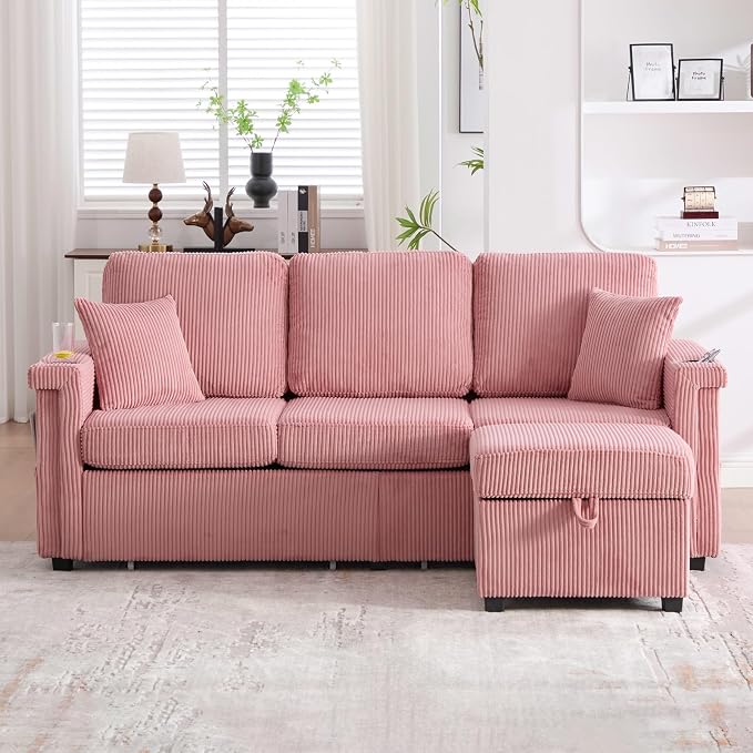 L-Shaped Sectional Sofa with Storage & Movable Ottoman, Corduroy 3 Seater - Image 3