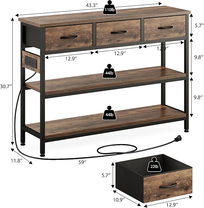 Lulive Entryway Table with Power Outlets, Console Table with 3 Fabric Drawers - Image 2