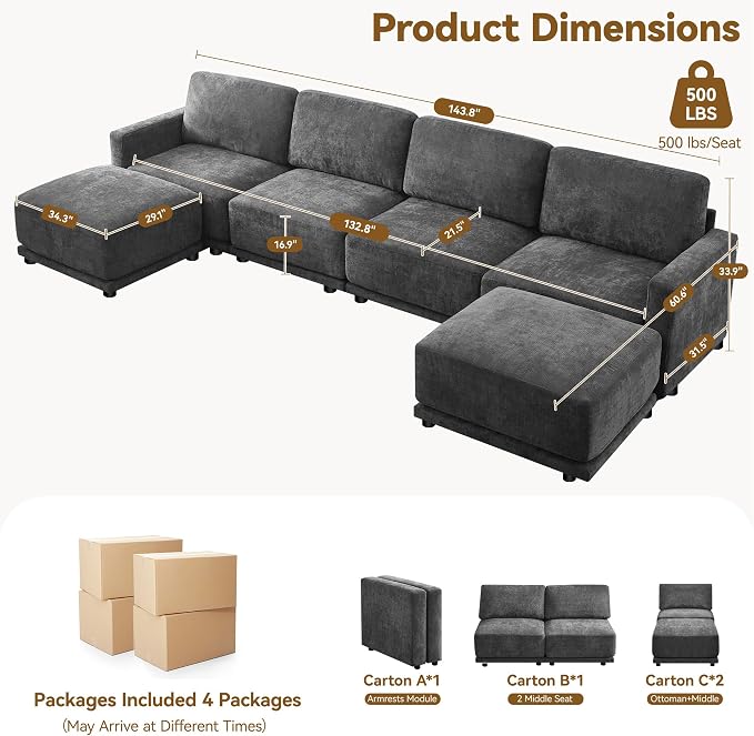 143.8" Modular Sectional Sofa Modern Chenille U Shaped Couch - Image 2