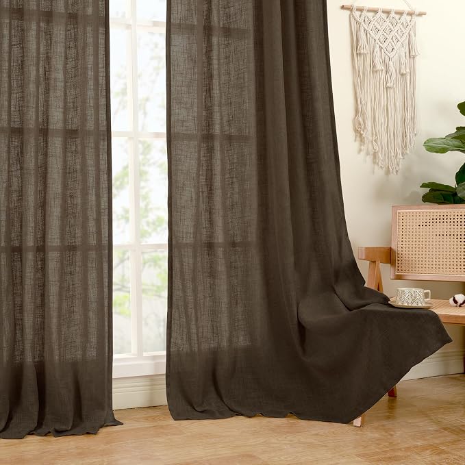 Dark Brown Linen Boho Sheer Curtains 84 inch Length 2 Panels | Soft Thick - Image 9