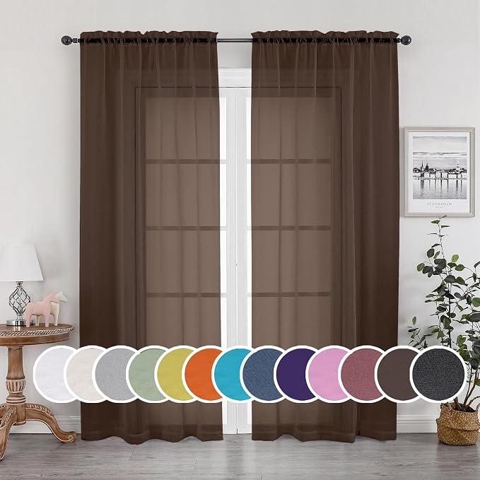 Sheer Chocolate Curtains, Sheer Curtains 90 Inches Long 2 Panels Set, Rod by OWENIE