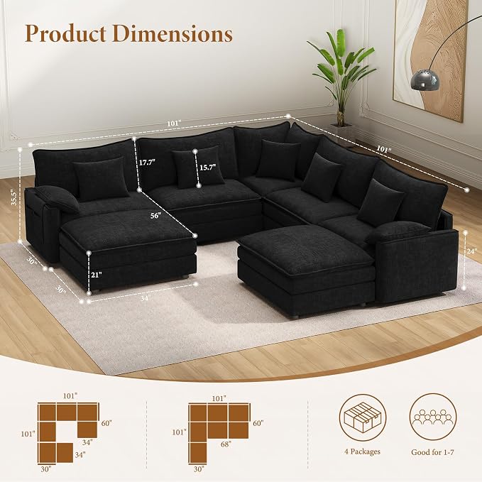 Vesgantti 101" V-Shaped Corner Couch Sectional, 7 Seat Customizable Modular - Image 2