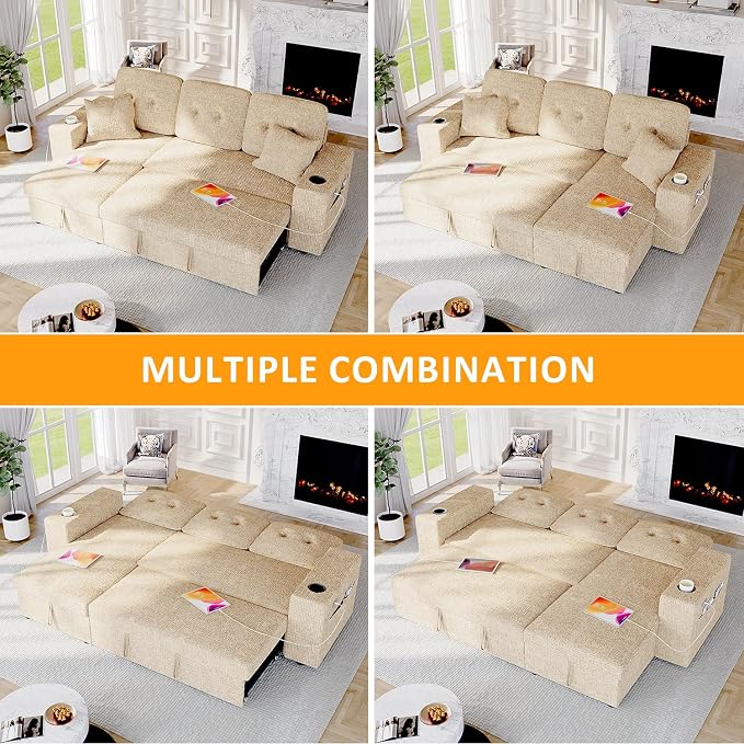 90 Inch Modular Sectional Sleeper Sofa Bed, 4 in 1 Pull Out Couch Bed - Image 7