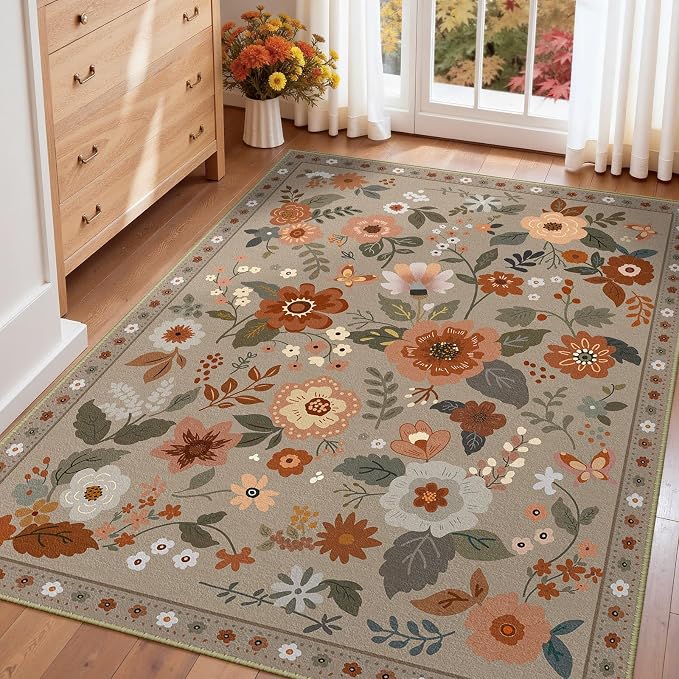 RELEANY Floral Washable 5x7 Area Rugs Brown/Brick | Flower Carpet Print Boho - Image 9