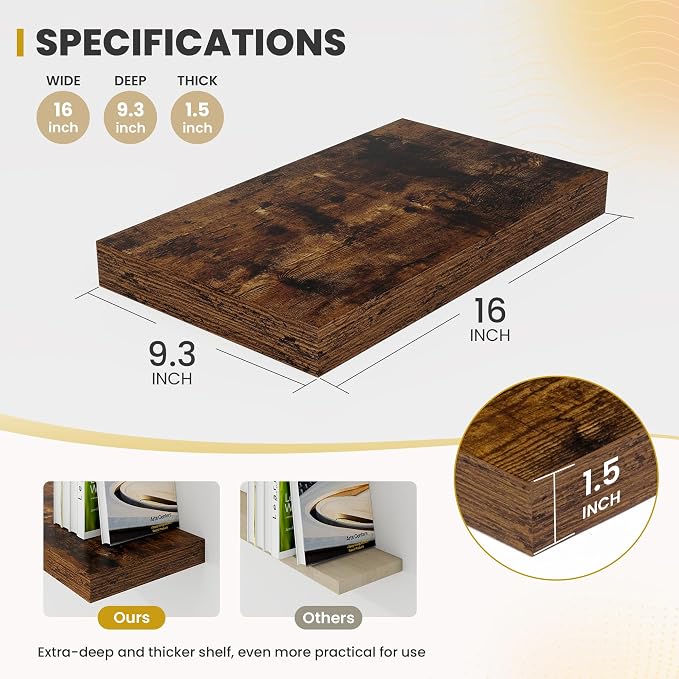 Acovy 16 Inch Floating Shelves, 9.3" Deep Floating Shelf Wall Mounted, Rustic - Image 3