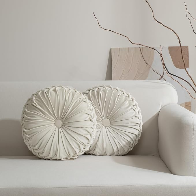 HIG Set of 2 Beige Velvet Decorative Round Pleated Throw Pillows | Vintage by HIG