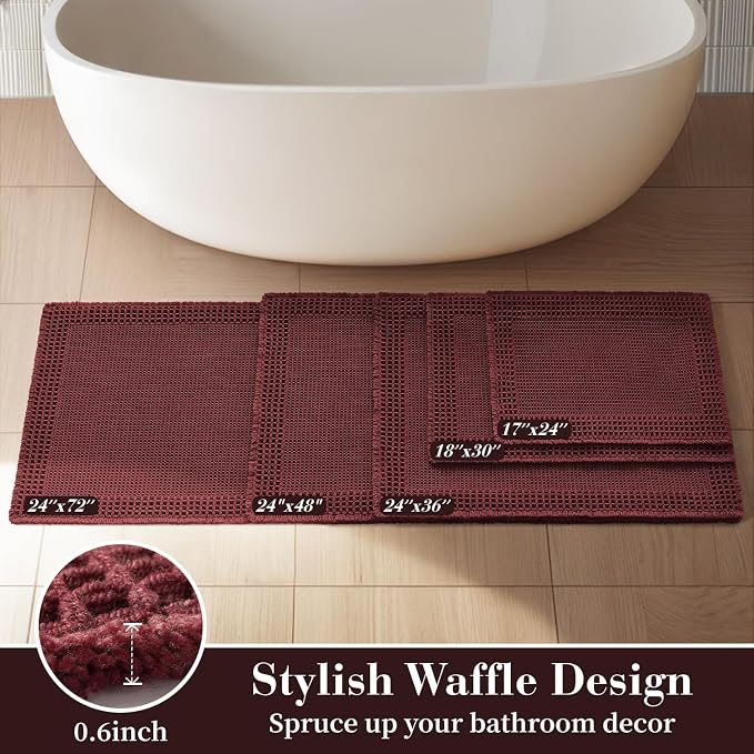 RESARE Waffle Bath Mat for Bathroom Non Slip Bathroom Rugs 18"x30" Dark Red | - Image 5