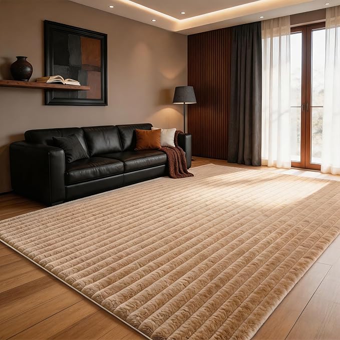 Coffee Rabbit Striped Plush Rug 8'x10', Fluffy Shaggy Area Rug - Image 3