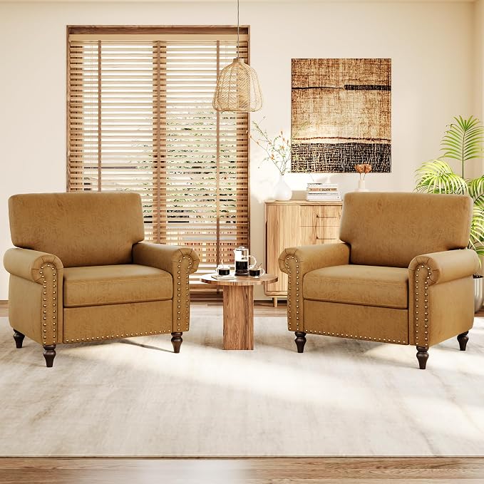 Nailhead Trim Accent Chairs Set of 2, Faux Leahter Mid Century Modern Living by ErdoruLiving