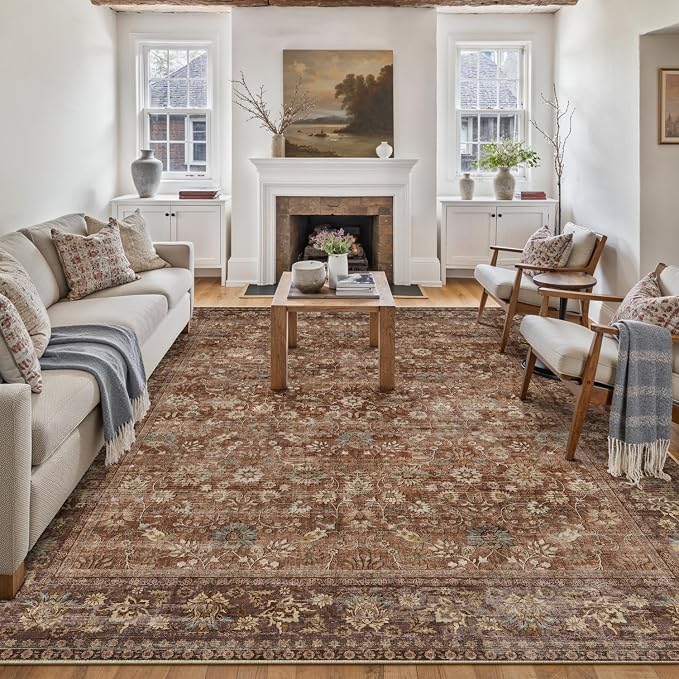 9x12 Brick Red Vintage Floral Washable Area Rug by HUGEAR