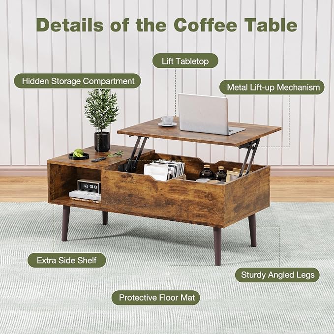 OLIXIS Wooden Coffee Table, Lift Top Coffee Table - Image 8