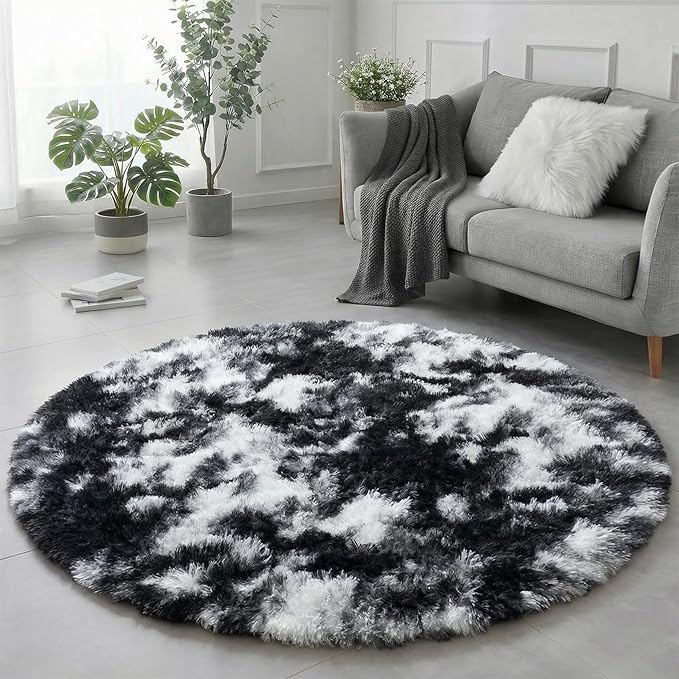 Amdrebio Black White Grey Plush Round Area Rug 6Ft - Image 4