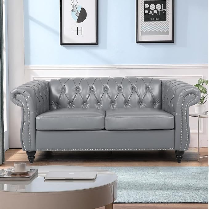 LEVNARY Leather Sofa, Chesterfield Tufted Upholstered 2 Seater Couch, Modern by LEVNARY