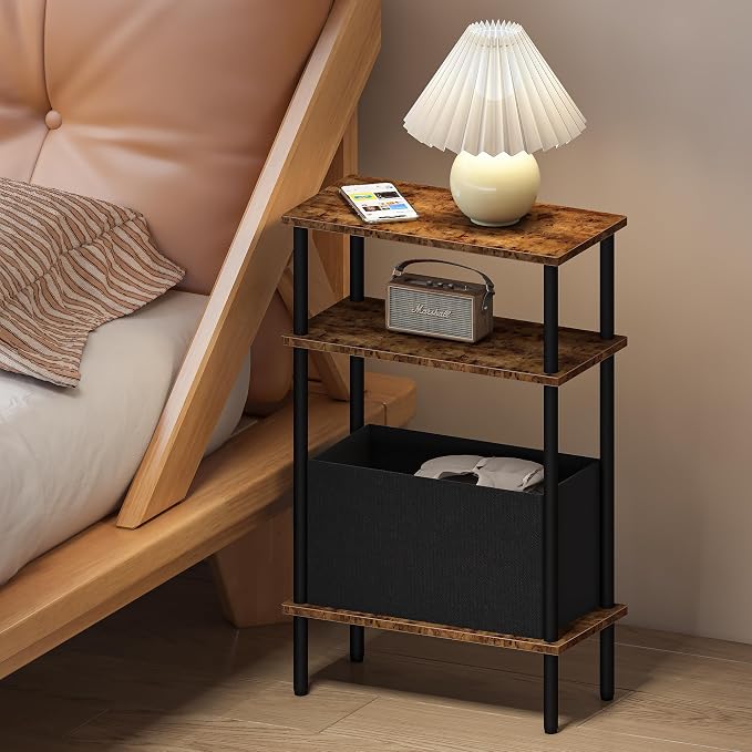 Narrow Side Table with Fabric Basket, Slim Nightstand with 3-Tier Storage Shelf - Image 7