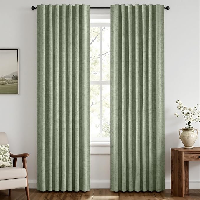 MIULEE 100% Blackout Linen Curtains 42 x 72 Inch Sage Green 2 Panels | Thermal by MIULEE