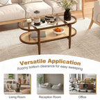 Giantex Rattan Coffee Table, 2-Tier Oval Acacia Wood Tea Table w/Tempered Glass - Image 5