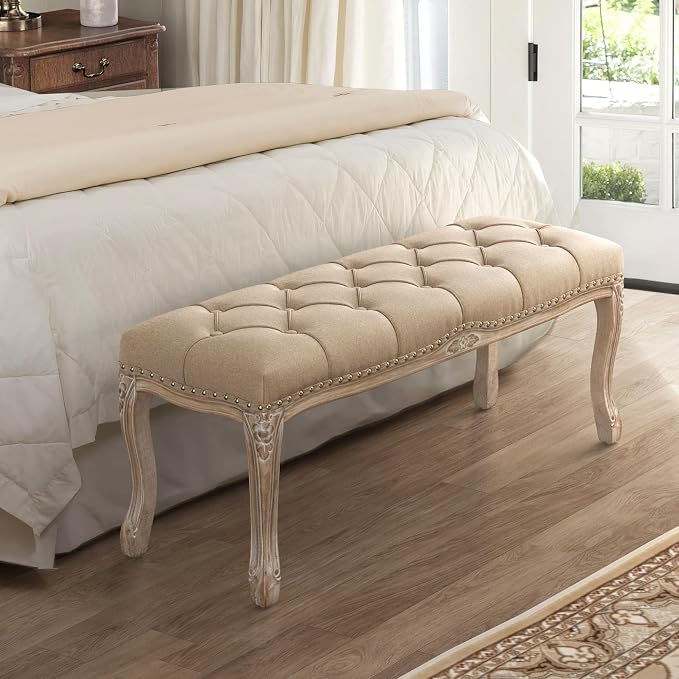 Cozyman Bedroom Bench, French Vintage Tufted Entryway Bench, 45.2" Carving - Image 2