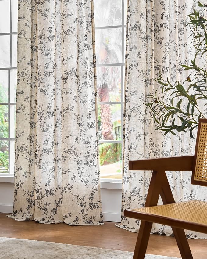 Black Vintage Floral Linen Curtains Farmhouse 50W X 63L 2 Panels | Elisa Series - Image 7