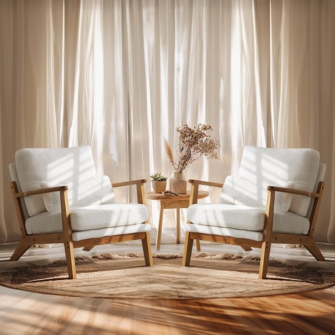 VINGLI Solid Wood Wide Armrests Accent Chair Set of 2, Upholstered Mid Century by VINGLI