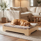Elevated Wooden Dog Bed with Supportive Cushion & Washable Cover, Sturdy by GLOSSGODS