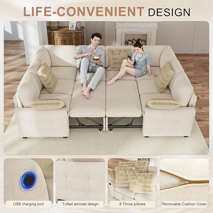 Hanherry Sectional Couch with Pull Out Sofa Bed, Chenille Sleeper Sofa with 2 - Image 4