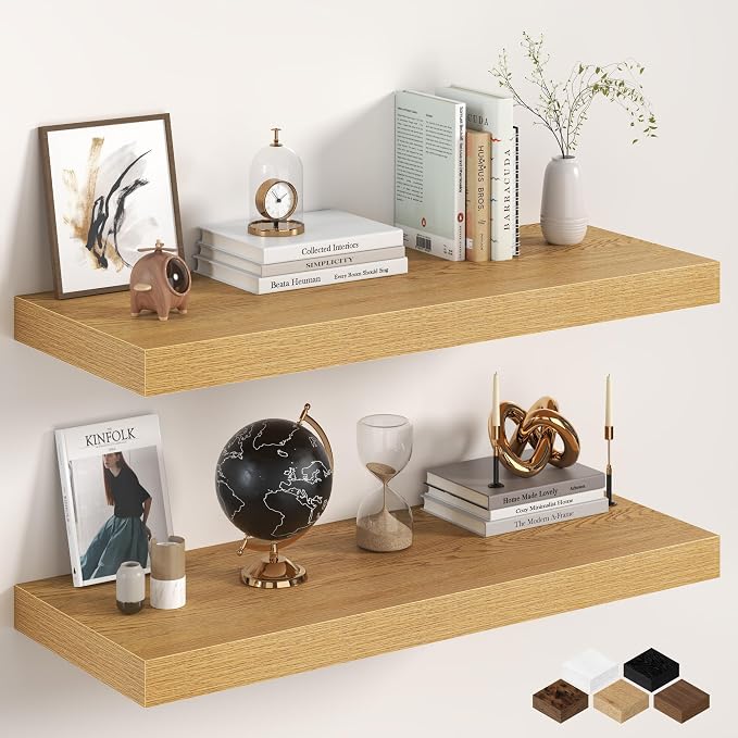 36Inch Oak Floating Shelves for Wall, 12 Inch Deep Shelves for Bedroom by FunMemories