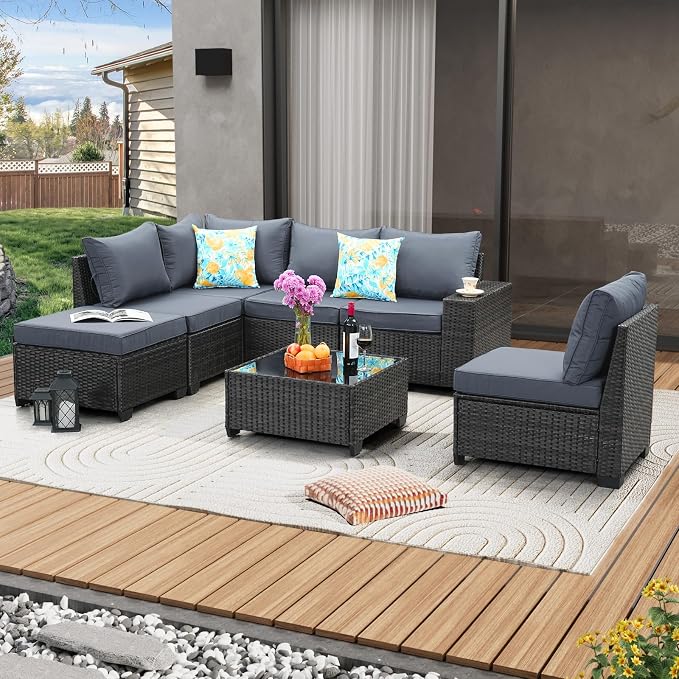 JOYURE 7 Pieces Patio Furniture Set All-Weather Outdoor Wicker Sectional by JOYURE