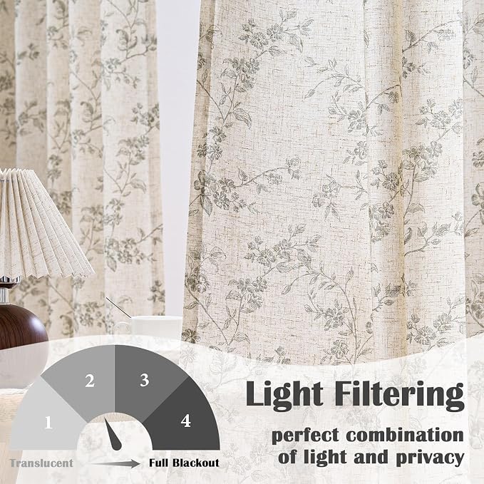 Extra Long Grey Vintage Floral Linen Curtains Farmhouse 2 Panels | Elisa Series - Image 2