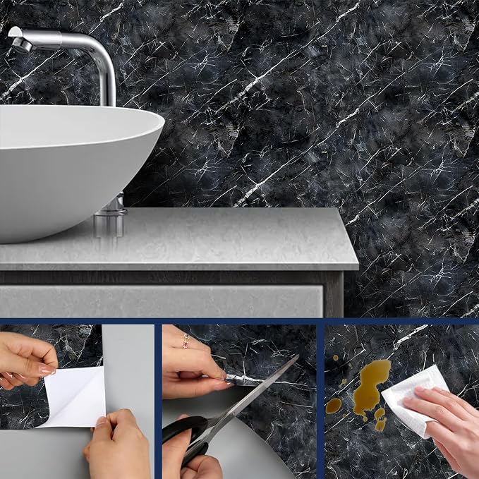HOMETITUTE Black Marble Wallpaper Peel and Stick Dark Stone Pattern 118.1x17.7 - Image 4