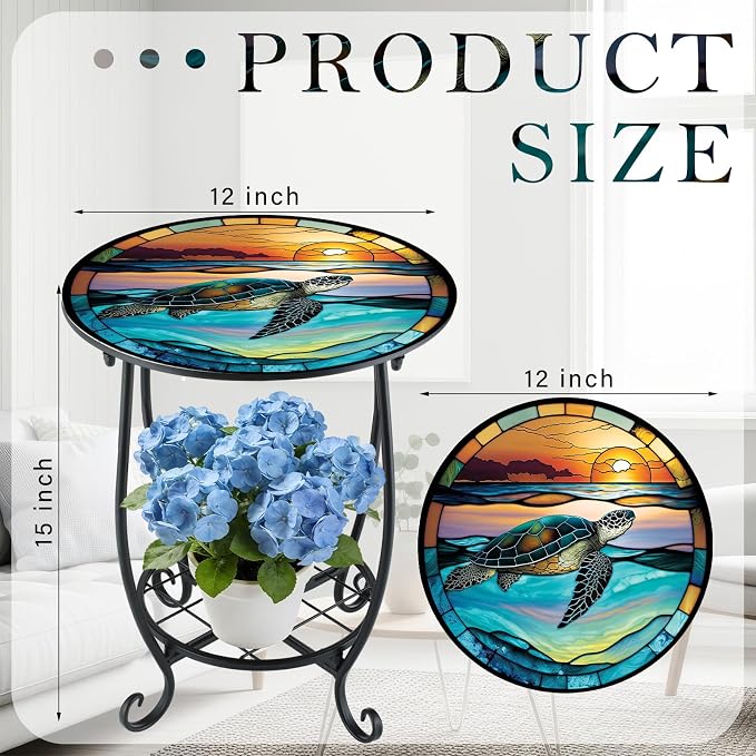 Cinnvoice Outdoor Side Table Round Small Mosaic Patio Accent Indoor End Plant - Image 3