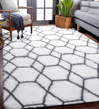 Area Rugs for Bedroom Living Room, 4x6 Fluffy White and Grey Geometric Rug | - Image 5