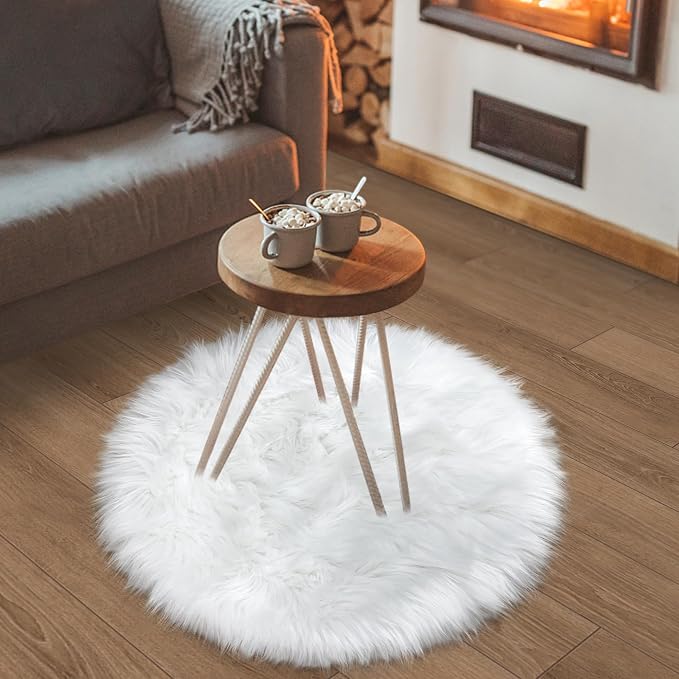 White Faux Fur Rug 2x2 Feet Small Round Fluffy Rug, Faux Sheepskin Circle Shag by TENNOLA