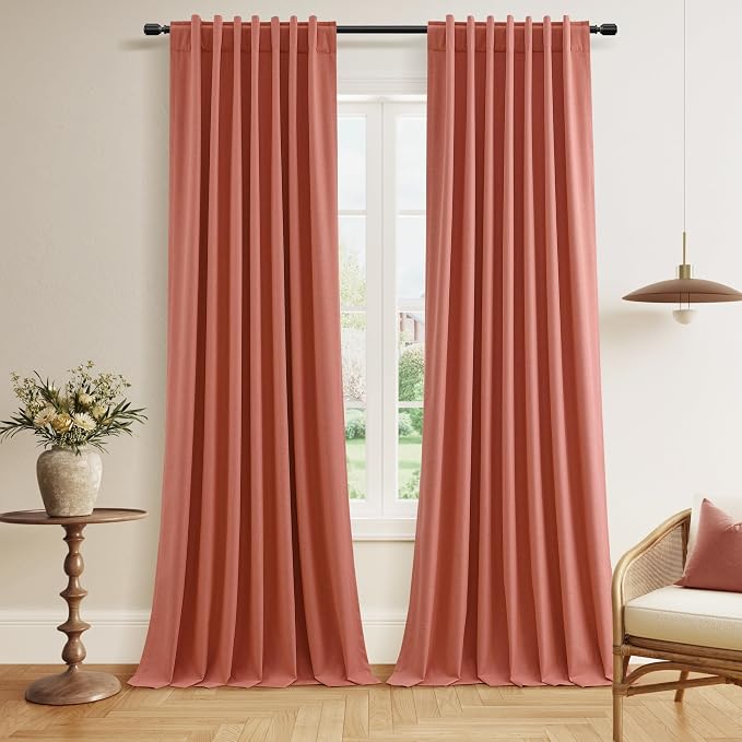 Coral 100% Blackout Linen Curtains 120 Inch Length 2 Panels Set by Guken