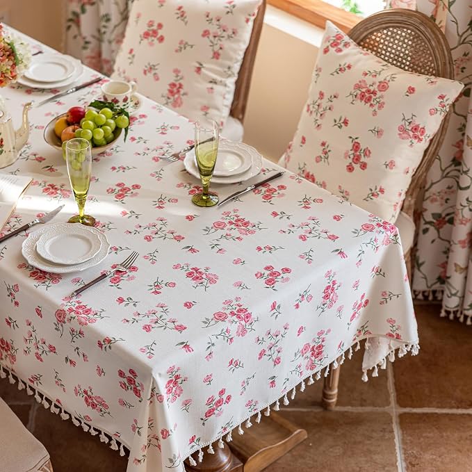 VClife White and Pink Print Table Cloth, Linen Texture Tablecloth - Image 8