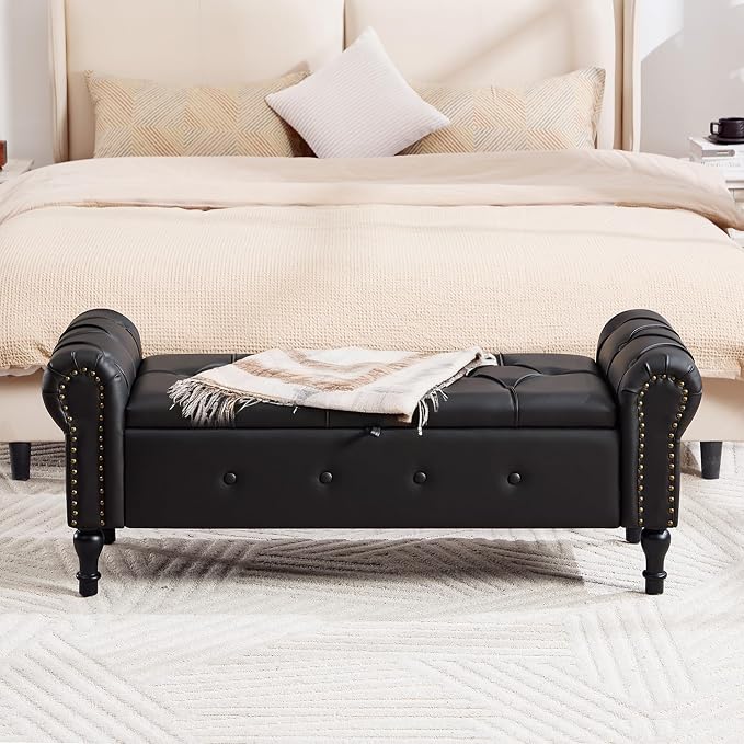 Storage Bench for Bedroom, Faux Leather 51" End of Bed Bench, Queen Size Bench - Image 3