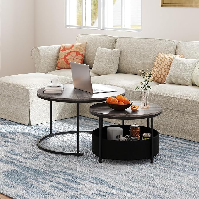 Tangkula Round Nesting Coffee Table Set of 2, Wooden Center End Table - Image 2
