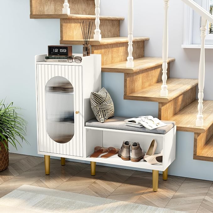 HLR Storage Bench with Glass Door&Shelf, Modern Entryway Shoe Cabinet Bench - Image 6