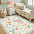 RELEANY Floral Washable 5x7 Area Rugs Beige/Green | Flower Carpet Print Boho by RELEANY