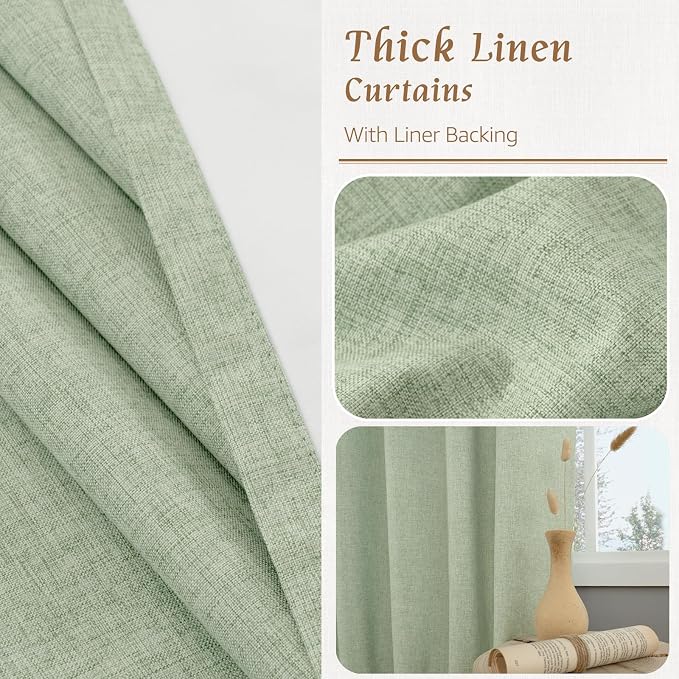 Light Green Natural 100% Blackout Linen Curtains 45 Inches 2 Panels | Linen - Image 7