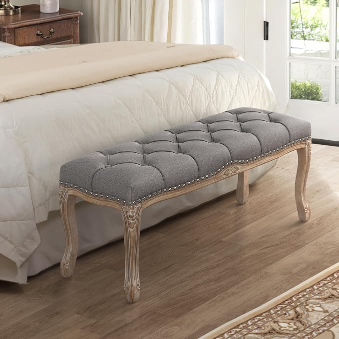Cozyman Bedroom Bench, French Vintage Tufted Entryway 45.2" Carving Upholstered - Image 8
