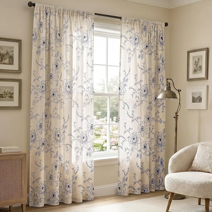 Boho Floral Curtains, Vintage Farmhouse Curtains 84 Inches Long, Dark Blue - Image 6