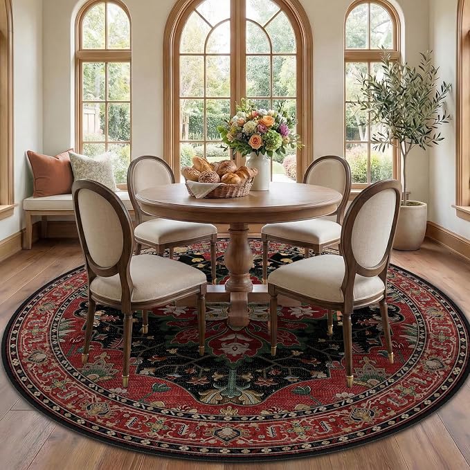 RELEANY Washable Area Rug, Round 7ft, Water Repellent, Pet Friendly, Vintage by RELEANY