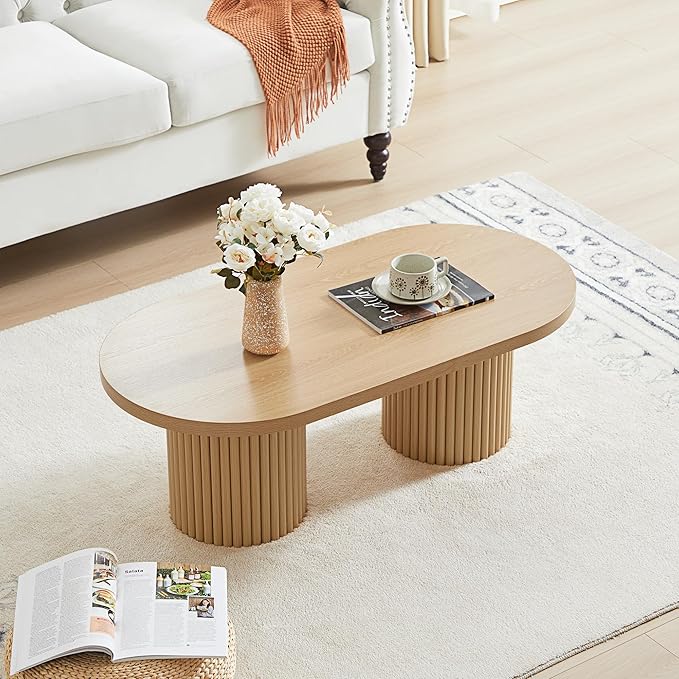 Oval Fluted Coffee Table, Farmhouse Wood Coffee Table Mid Century Modern Center - Image 4